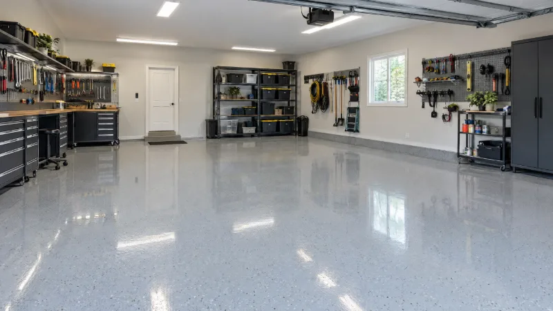 Garage mit glänzender grauer Epoxidharz-Bodenbeschichtung