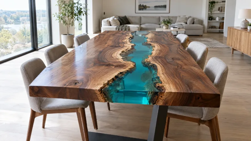 River Table aus Nussbaum mit türkisem Epoxidharz in einem hellen Wohnraum
